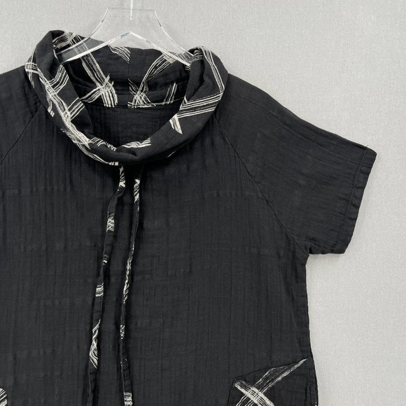 Black Womens Medium Cotton gauze Short Sleeve Tunic Top Funnel neck Pocket - Picture 3 of 11